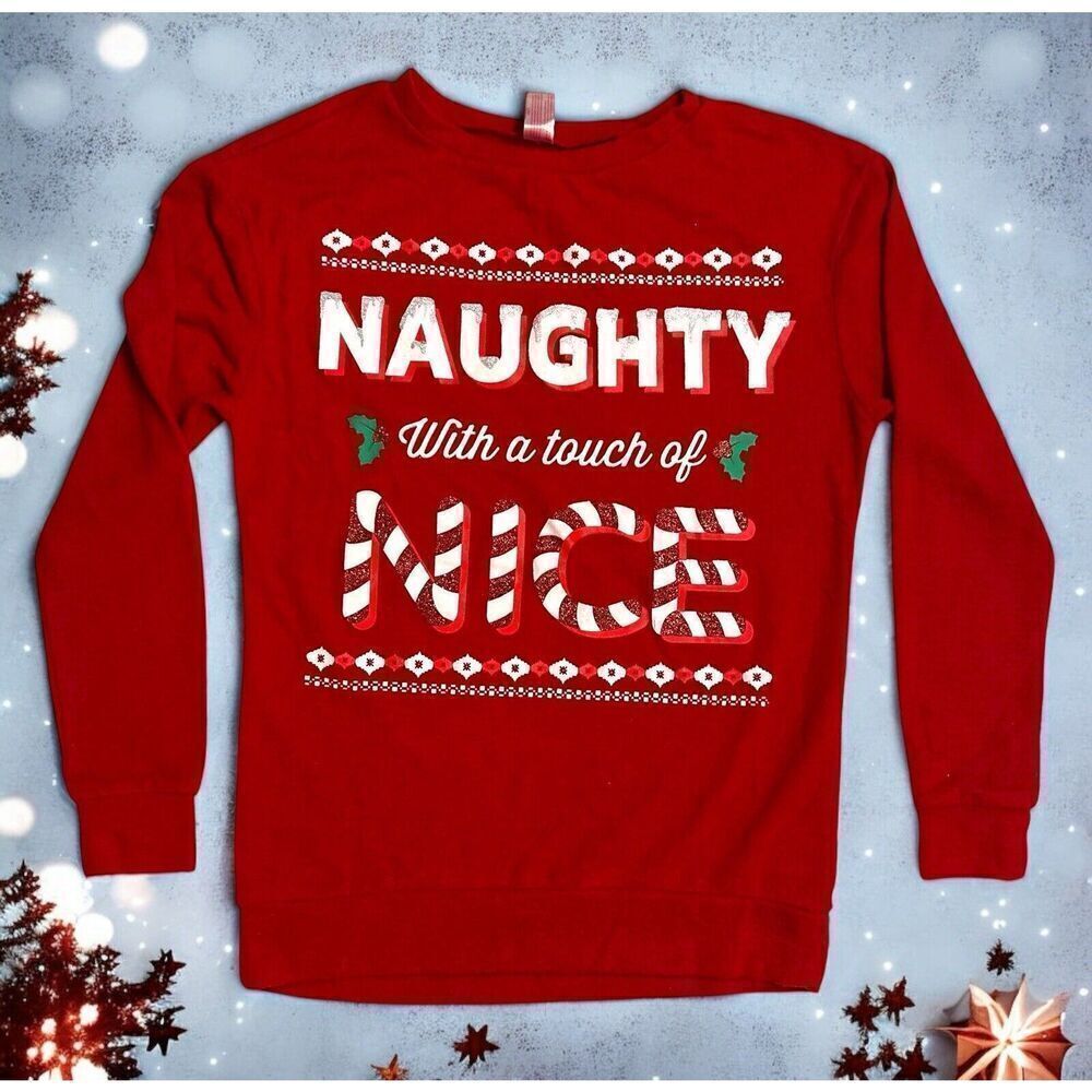 Cute Ugly Christmas Sweater Juniors sz 1 XS Naughty Nice Red Santa Fast Ship